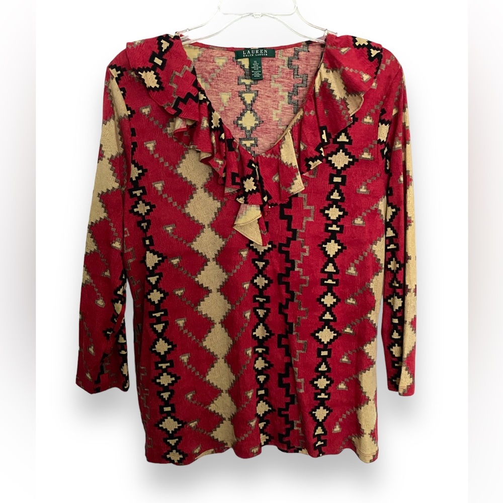 LAUREN RALPH LAUREN Vintage Women’s Southwest Printed Ruffle V-Neck Top Sz XL